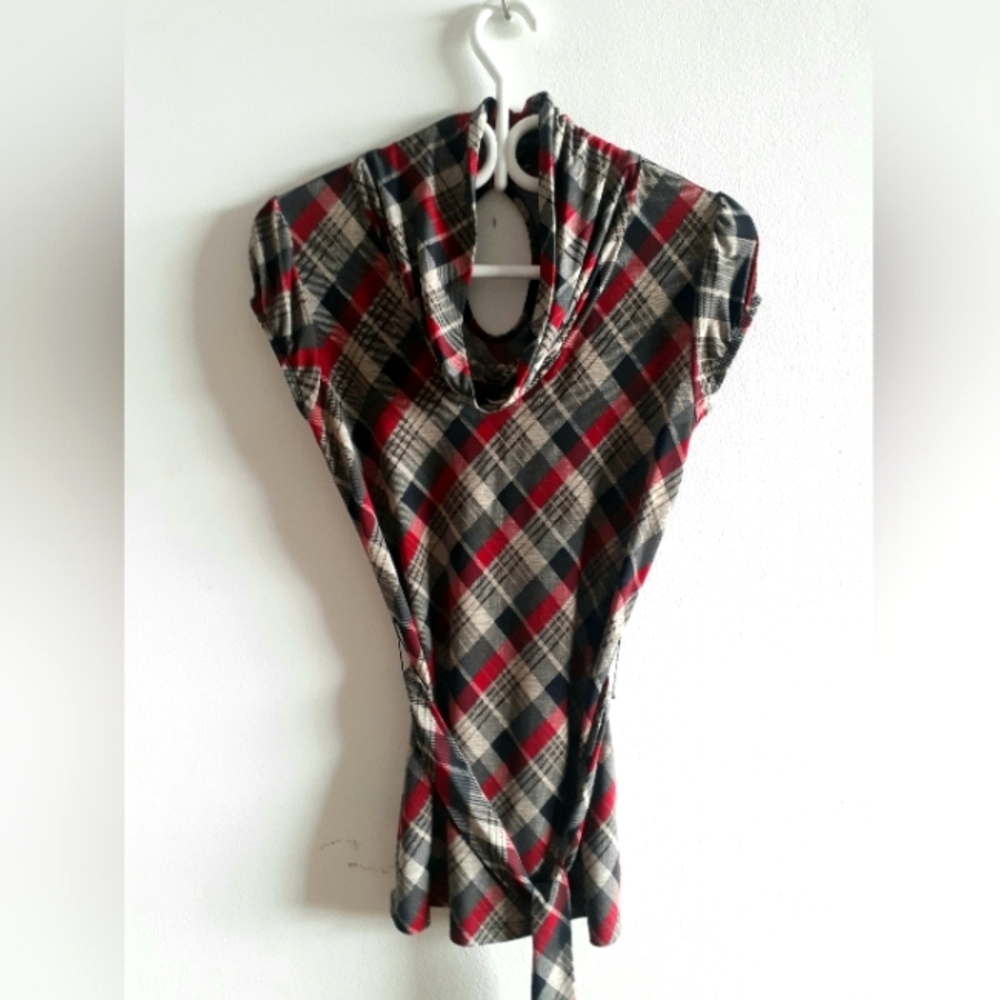 Plaid cowl neck top, red, black, and brown, stretchy. S.